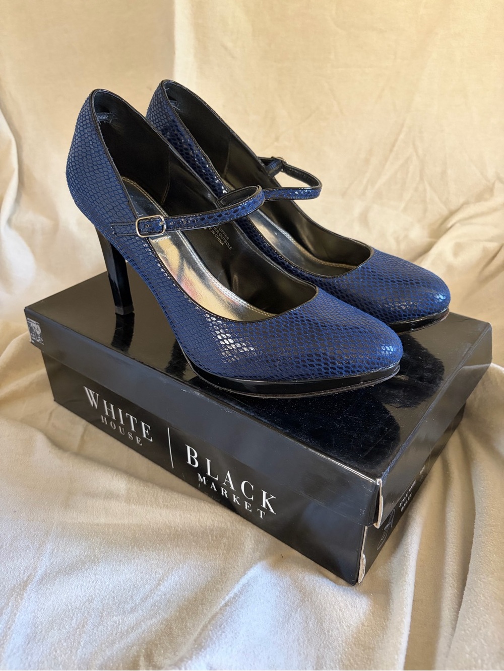 White House Black Market Navy Snake-Print Mary Jane Heels